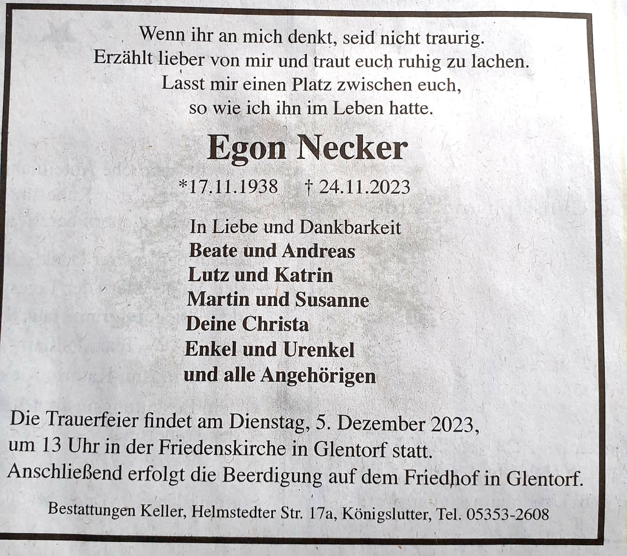 Todeanzeige Egon Necker